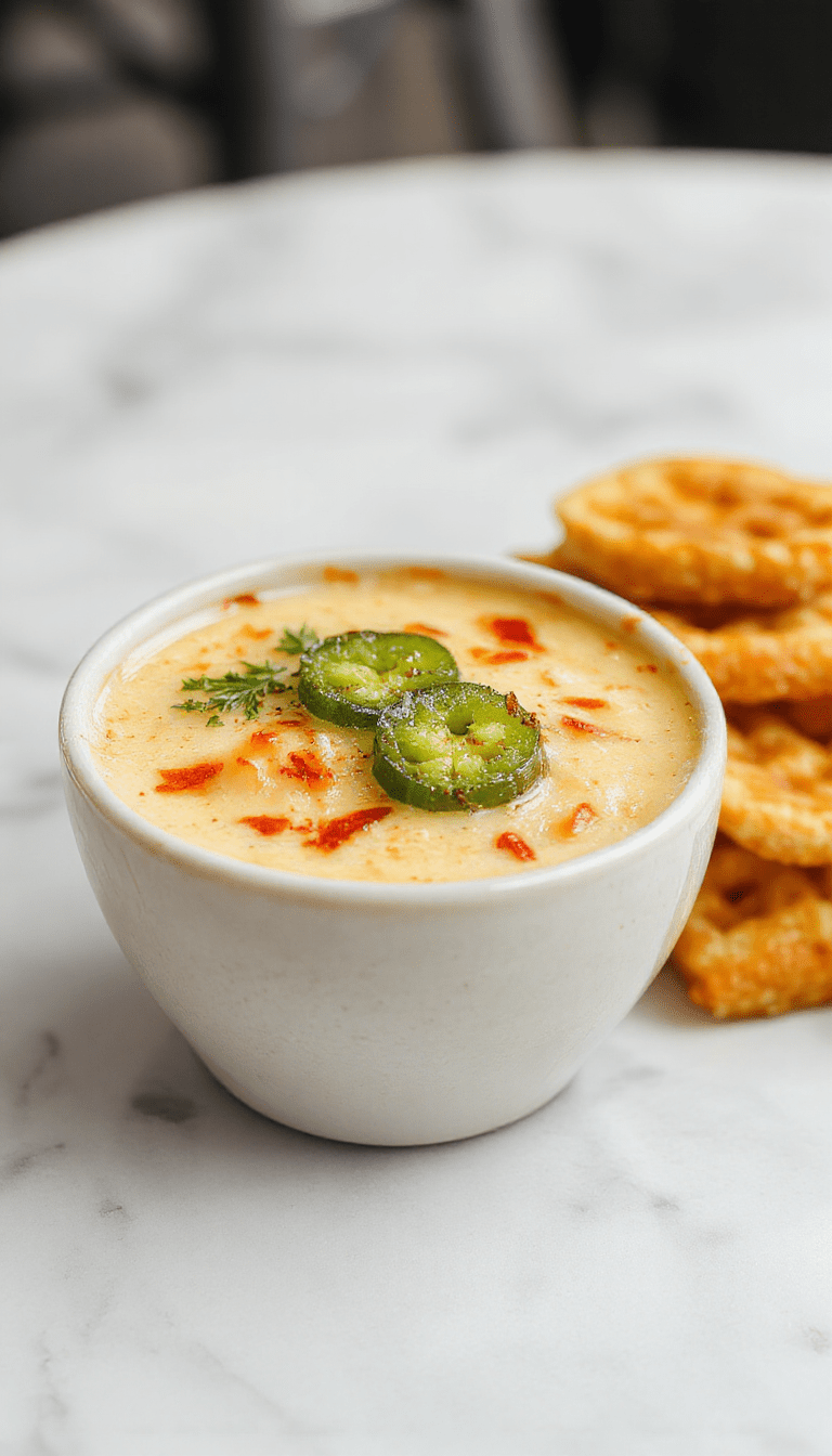 A vibrant bowl of jalapeno popper soup featuring bright green jalapenos and creamy cheese melting on top, garnished with fresh herbs and served in a rustic bowl on a wooden surface with a spoon and a slice of bread beside it