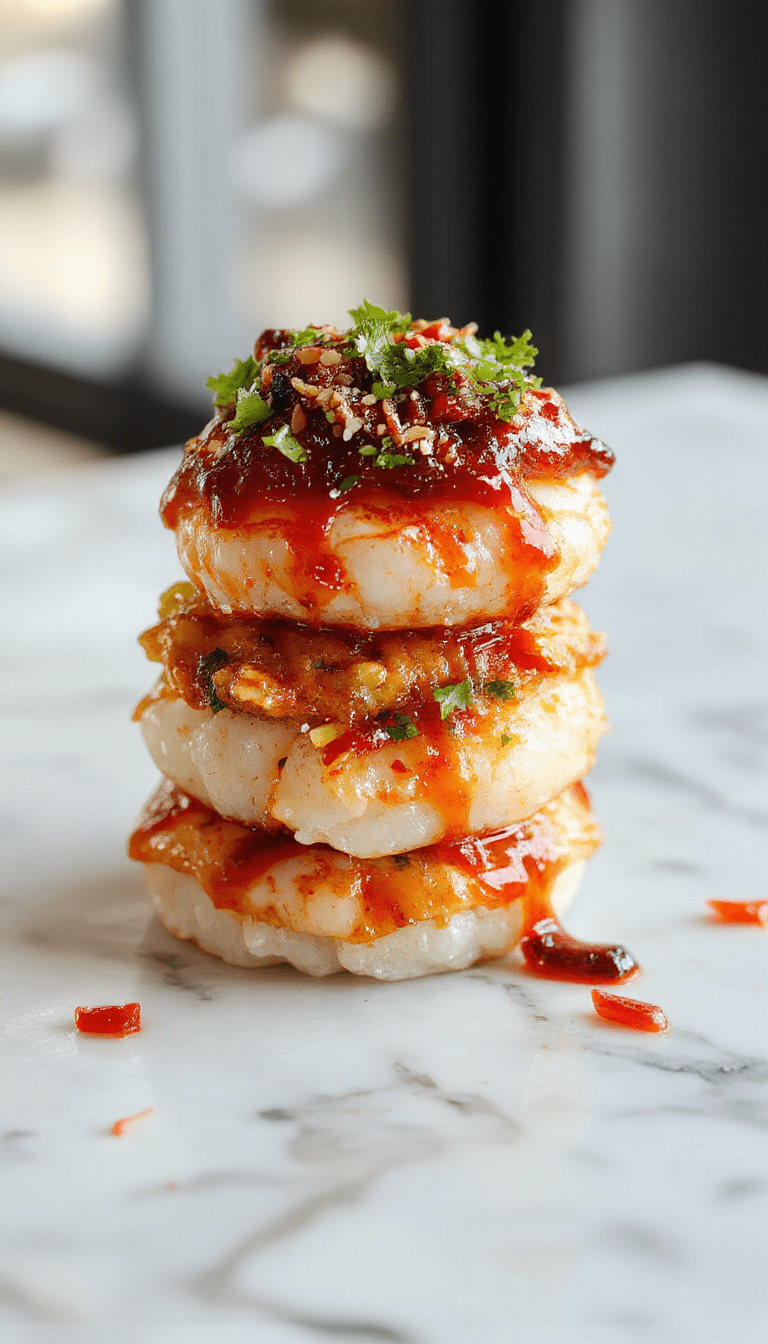 Colorful arrangement of spicy shrimp sushi stacks on a white plate, garnished with green herbs and sesame seeds, showcasing vibrant orange shrimp, white rice, and seaweed layers, styled with a modern minimalist backdrop