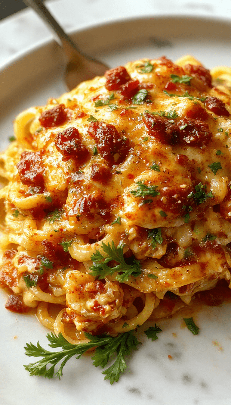 A vibrant, hearty chicken spaghetti casserole in a white baking dish, topped with melted cheese and sliced green onions. The dish features al dente spaghetti coated in a rich, spicy tomato sauce with tender chicken pieces, garnished with fresh herbs. The background shows a rustic kitchen setting with warm lighting, emphasizing the colorful, inviting presentation.