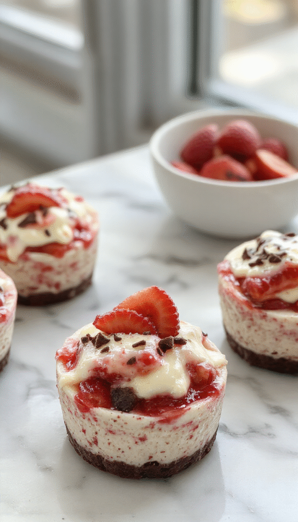 A close-up of creamy strawberry Oreo cheesecake cups topped with fresh strawberries and crumbled Oreo cookies, arranged on a white plate with colorful sprinkles and a rustic background.