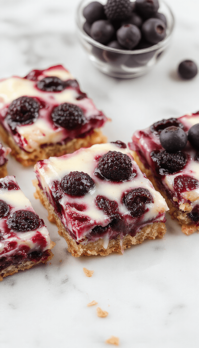 A vibrant image of blueberry cream cheese bars on a rustic wooden table, showcasing golden-brown crust topped with a glossy blue blueberry glaze and swirls of creamy white cream cheese filling, garnished with fresh blueberries and mint leaves, styled for an inviting homemade dessert presentation.