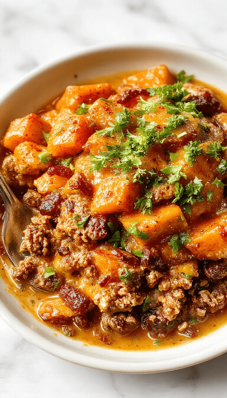 Colorful plated sweet potato and ground turkey bake featuring roasted orange sweet potatoes, browned ground turkey, topped with fresh herbs and a crispy crust, presented on a rustic white plate with a wooden table background.