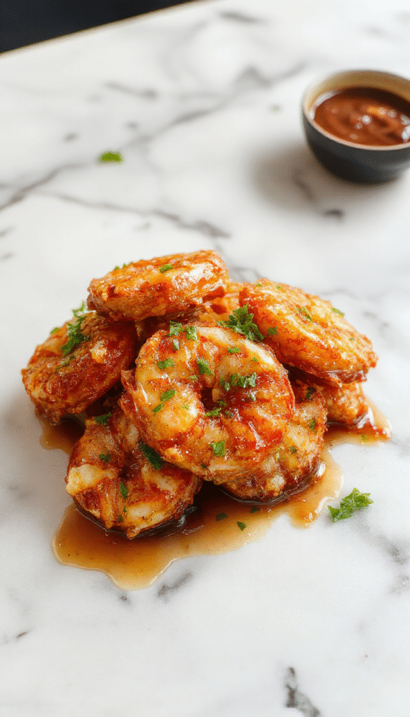A vibrant plate of honey walnut shrimp featuring golden, crispy shrimp coated in a glossy honey glaze, topped with glistening caramelized walnuts and garnished with finely chopped green onions on a white plate with a colorful background.