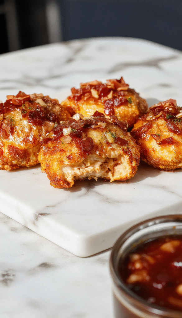 Colorful plate featuring golden-brown chicken tenders glazed with glossy brown sugar and crispy bacon bits, garnished with fresh herbs, styled on a rustic wooden table with a drizzle of sauce, appealing textures and inviting presentation.