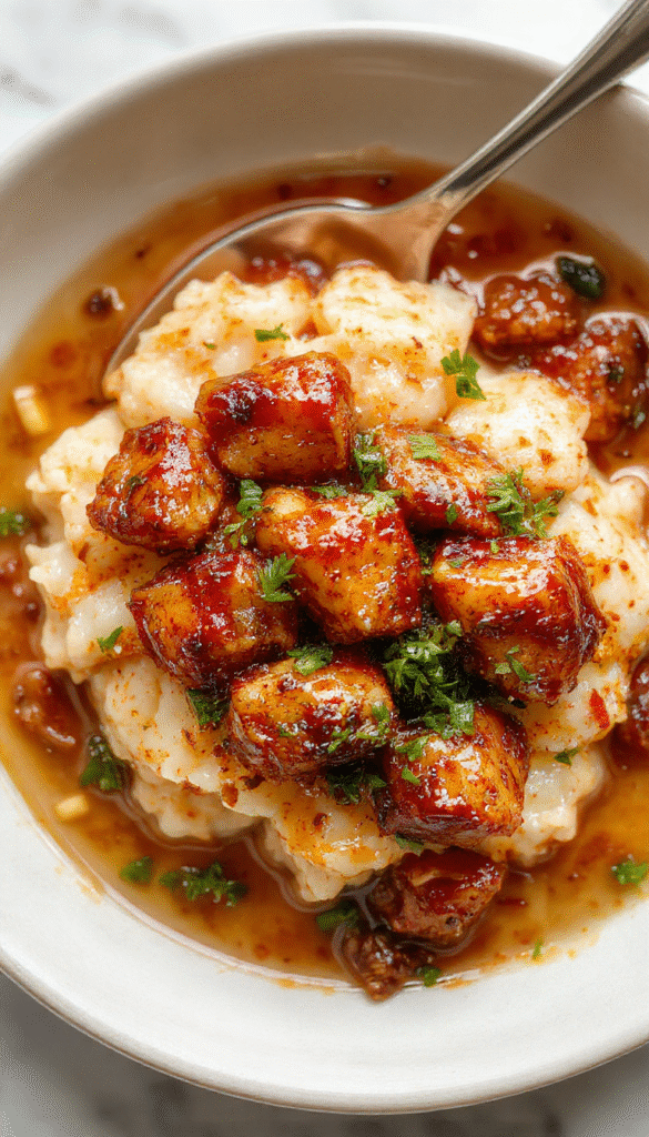 Colorful plate of caramelised soy chicken topped with glossy sauce, surrounded by fragrant garlic and ginger broth, served over fluffy white rice with garnishes of green onions and sesame seeds, styled elegantly on a rustic wooden table