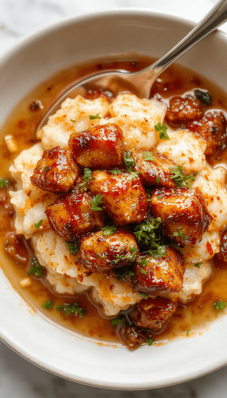 Colorful plate of caramelised soy chicken topped with glossy sauce, surrounded by fragrant garlic and ginger broth, served over fluffy white rice with garnishes of green onions and sesame seeds, styled elegantly on a rustic wooden table