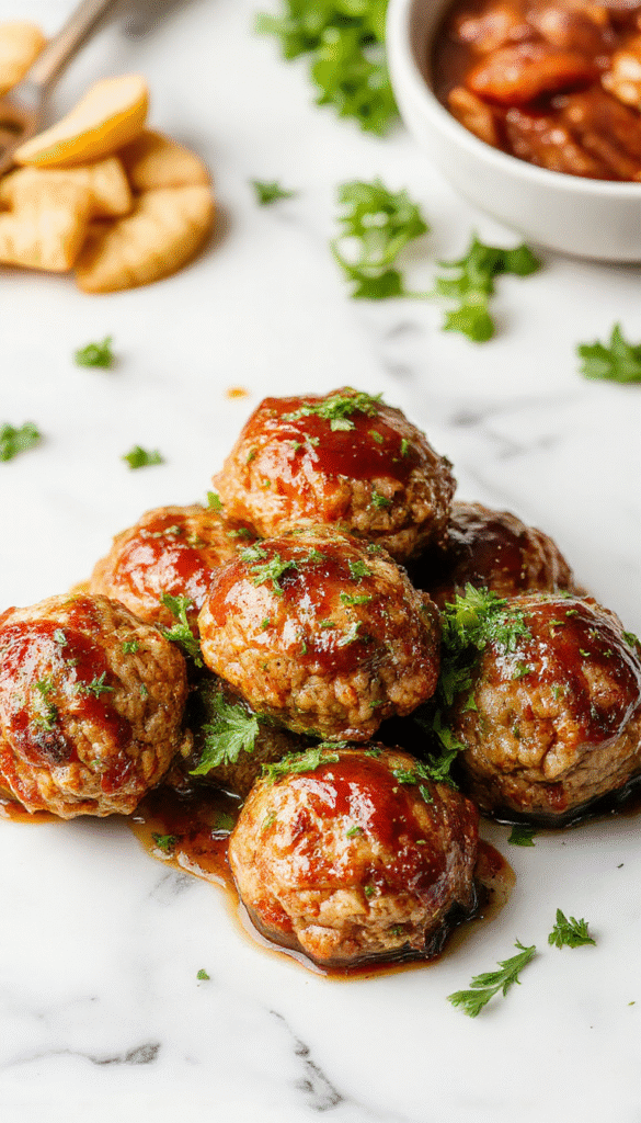 A close-up of golden-brown turkey meatballs glazed with honey and topped with minced garlic, served on a white platter with fresh herbs and a drizzle of honey, with vibrant green garnish and a rustic wooden background.