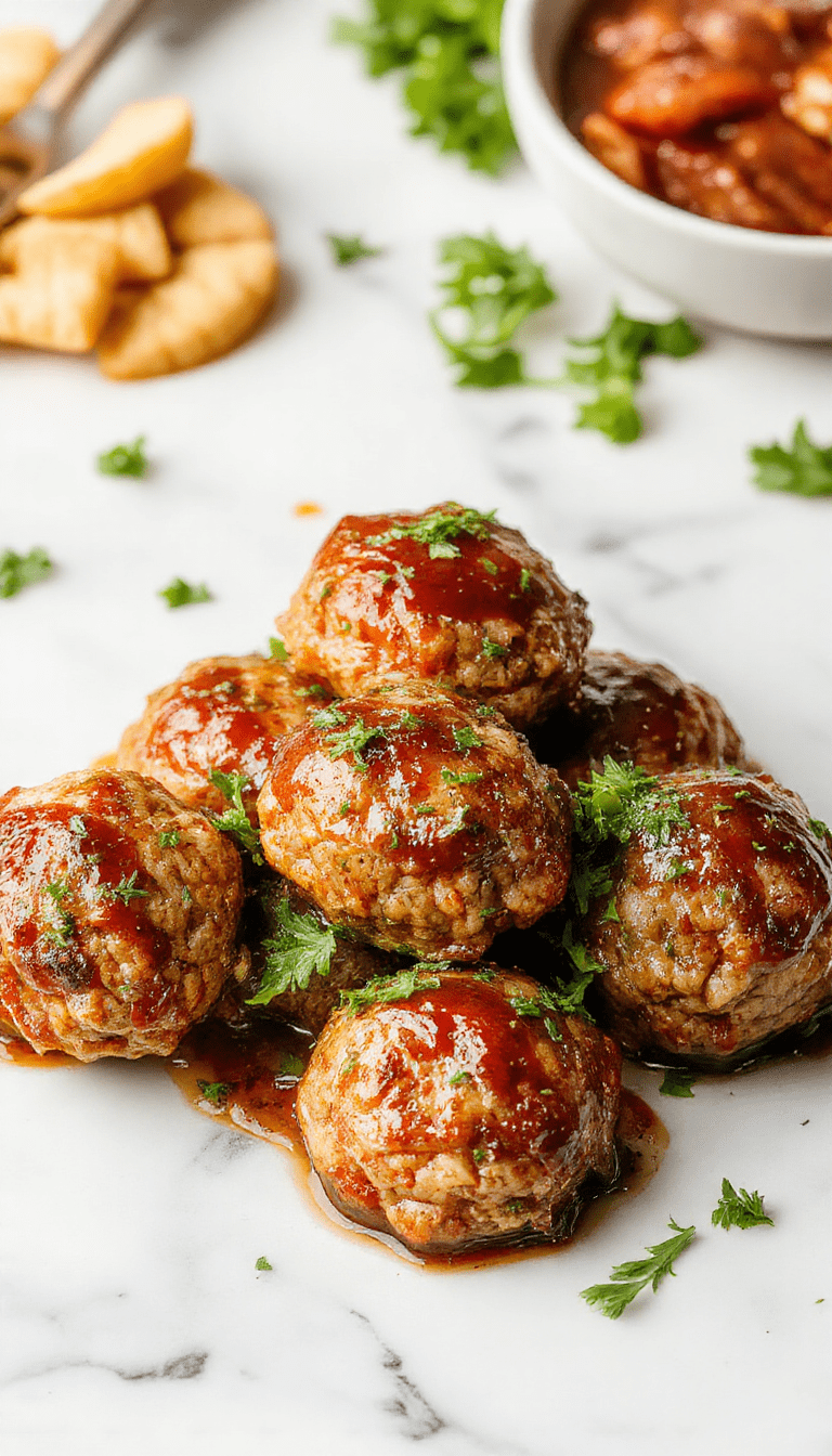 A close-up of golden-brown turkey meatballs glazed with honey and topped with minced garlic, served on a white platter with fresh herbs and a drizzle of honey, with vibrant green garnish and a rustic wooden background.