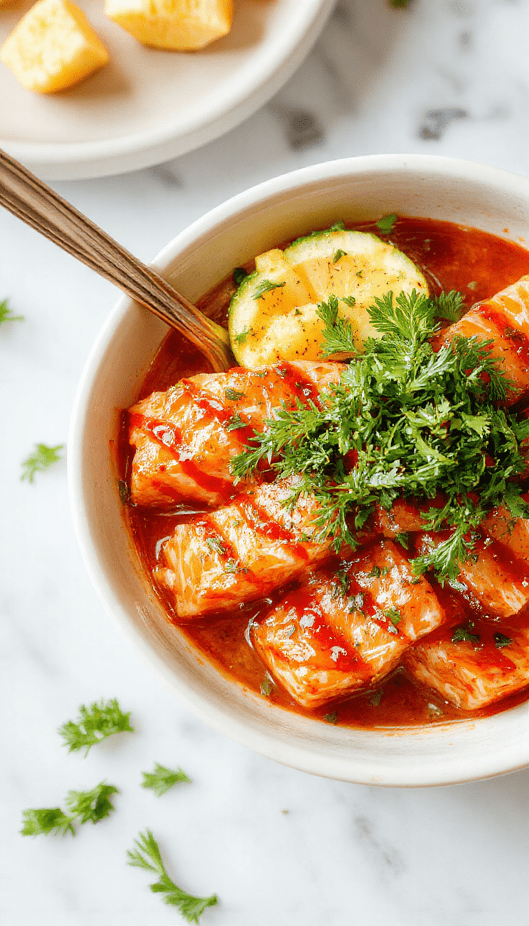 Colorful honey glazed salmon fillets drizzled with vibrant red and orange sriracha sauce, served atop a bed of fresh greens, rice, and vibrant vegetables arranged beautifully on a white plate, with a glossy finish highlighting the sticky glaze and crispy textures.