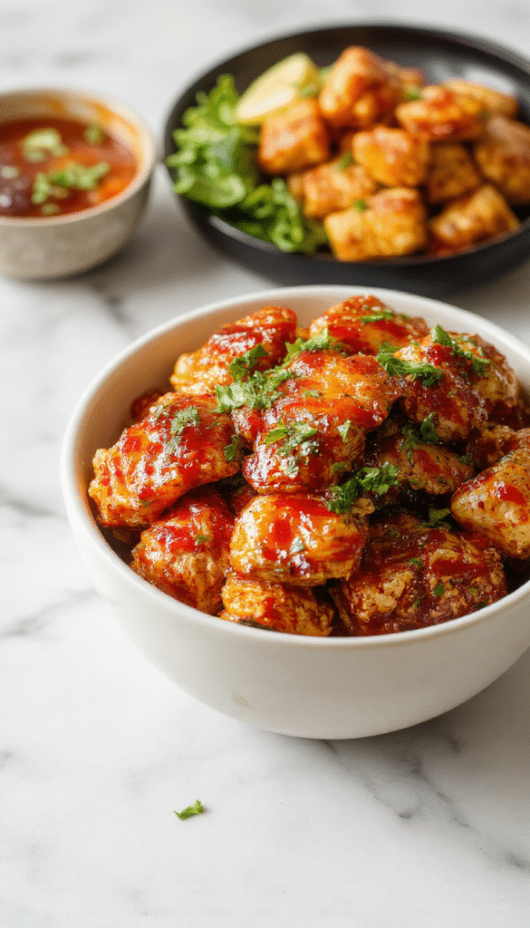 Vibrant hot honey chicken bowl featuring golden-brown crispy chicken pieces drizzled with glossy hot honey glaze, served over a bed of colorful vegetables and fluffy rice, garnished with chopped herbs and sesame seeds, styled on a rustic wooden plate with a backdrop of fresh ingredients.