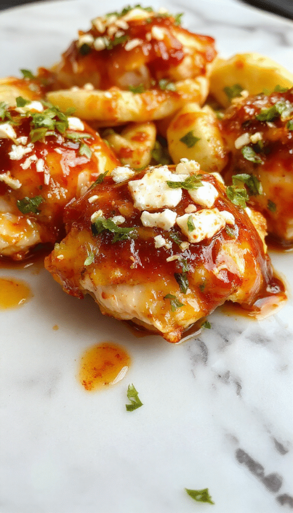 A close-up of a plated chicken dish with caramelized golden-brown chicken topped with melted feta cheese garnished with drizzle of vibrant orange hot honey sauce, served alongside fresh herbs on a rustic white plate.