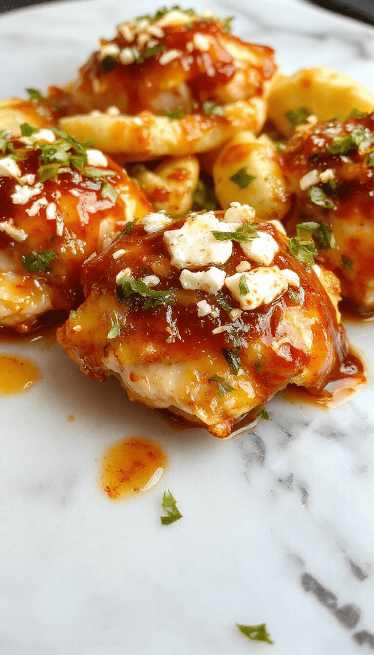 A close-up of a plated chicken dish with caramelized golden-brown chicken topped with melted feta cheese garnished with drizzle of vibrant orange hot honey sauce, served alongside fresh herbs on a rustic white plate.