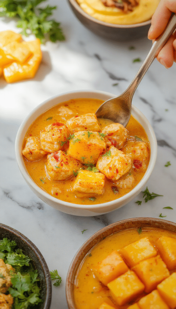 Vibrant mango chunks and tender chicken pieces in a rich, golden curry sauce garnished with fresh cilantro, served in a white bowl on a rustic wooden table, with colorful spices and mango slices in the background.