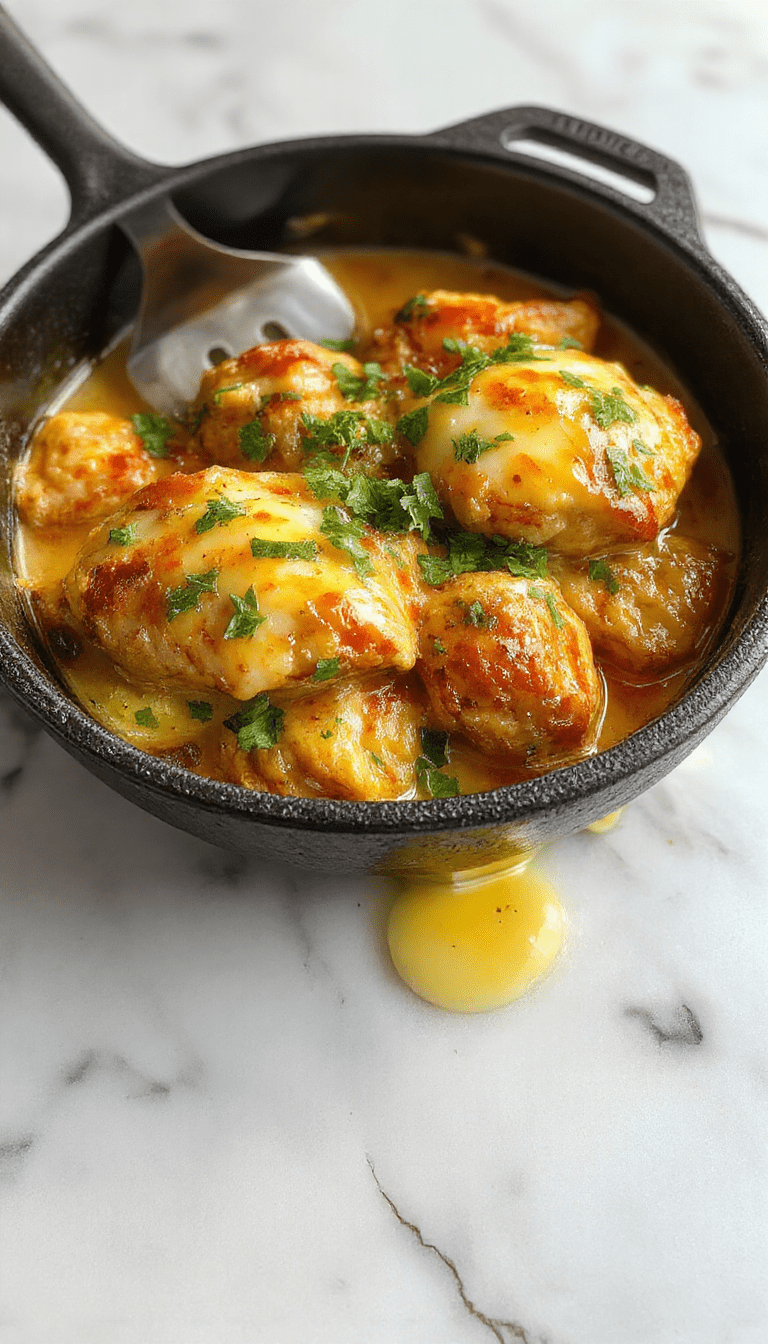 A vibrant skillet filled with golden-brown butter chicken pieces topped with a glossy, buttery sauce, garnished with fresh herbs. The dish is served on a rustic wooden table with a side of steamed vegetables and warm bread, highlighting textures of tender chicken and rich sauce with a colorful backdrop.