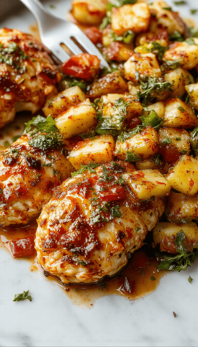 Colorful sheet pan meal featuring golden-brown roasted chicken thighs topped with vibrant yellow pineapple chunks, red and green bell peppers, and caramelized edges, garnished with fresh herbs, styled on a rustic wooden background with a glossy glaze showcasing the tropical flavors.