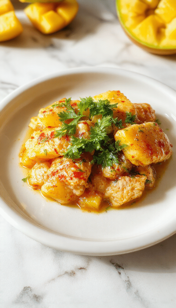 A vibrant bowl of Mango Chicken Curry featuring golden-yellow chicken pieces coated in a rich, thick mango sauce, garnished with fresh cilantro, served on a rustic wooden platter with half-cut mango slices and a sprig of cilantro for garnish.
