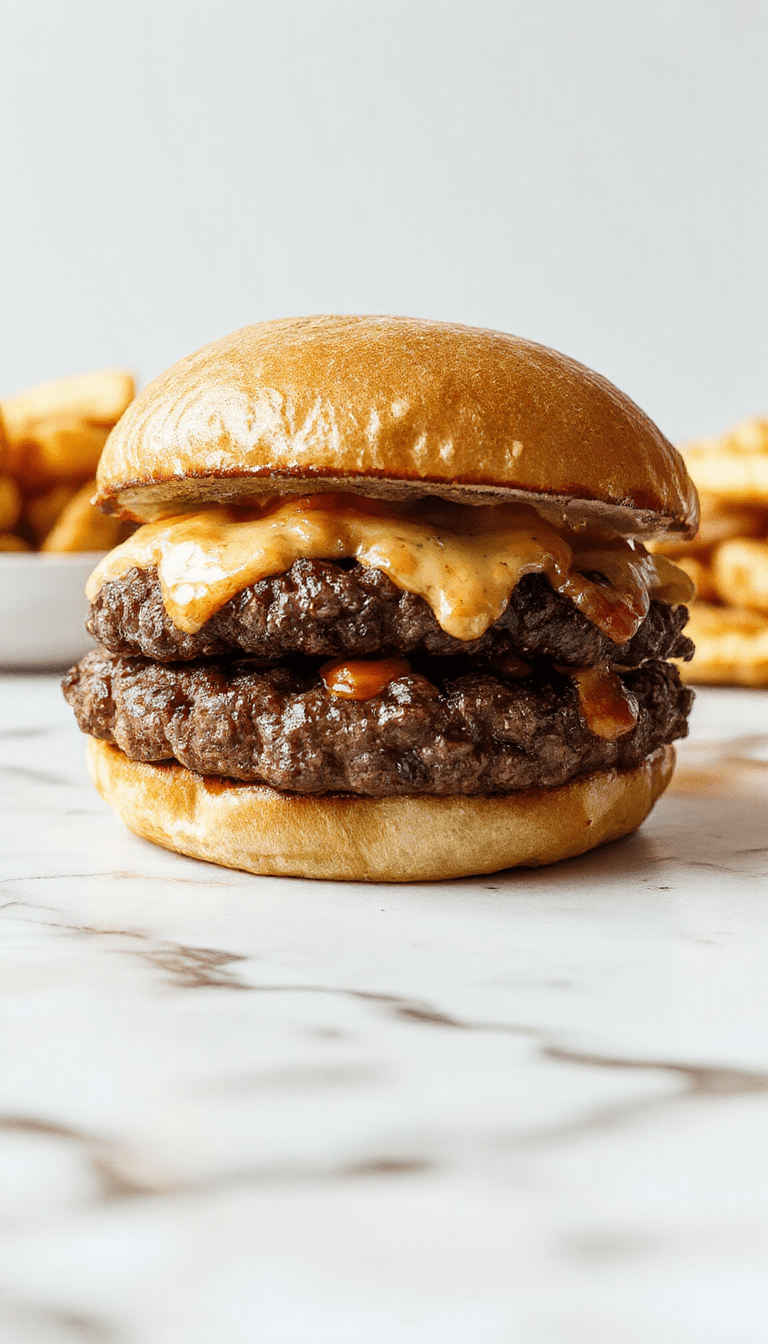 A close-up of a cracked-open spicy burger with melted cheese dripping over fresh lettuce and tomato, served on a rustic wooden platter with crispy fries on the side, vibrant colors, inviting textures, and a glossy bun.