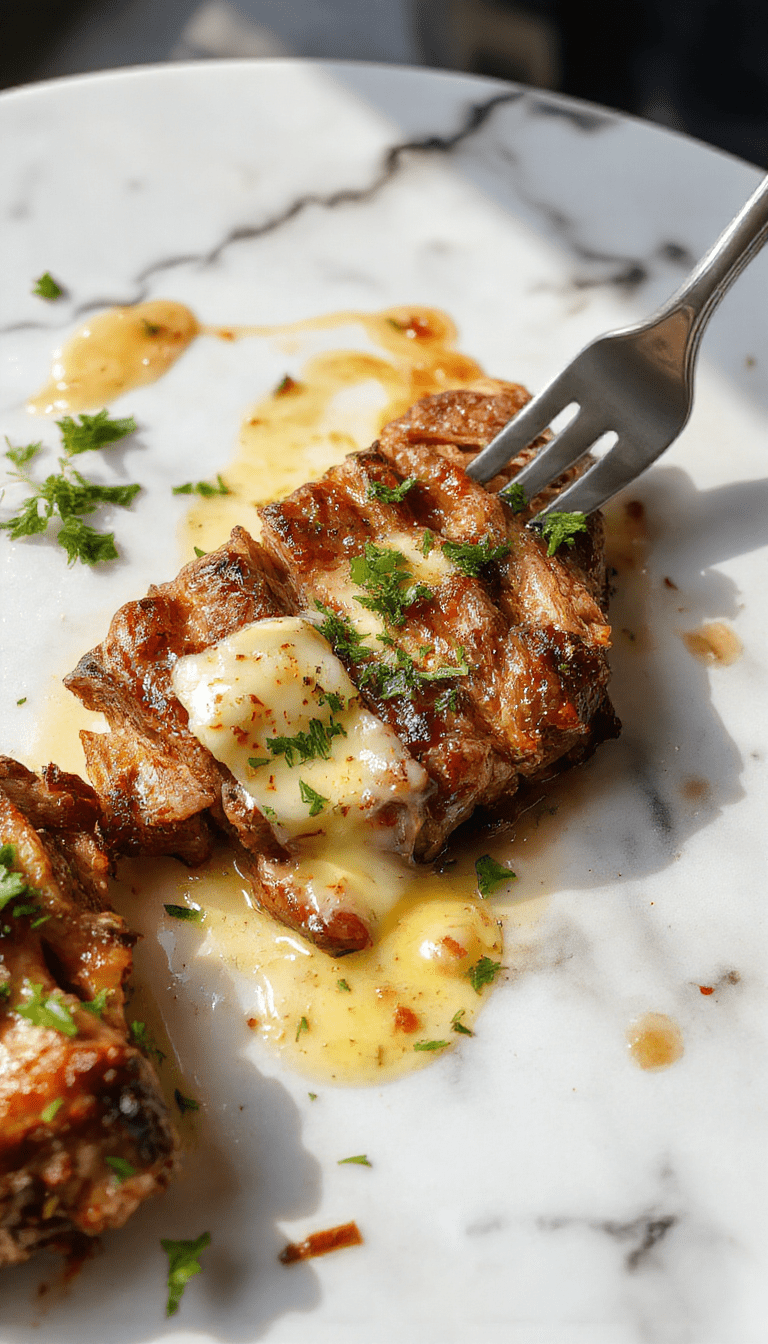 A close-up of perfectly cooked medium-rare steak topped with a golden garlic butter sauce, garnished with fresh parsley. The steak is plated on a rustic wooden board with a side of roasted vegetables, with the rich juices glistening and textures highlighting the crispy edges and tender interior.