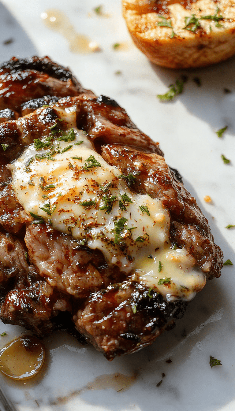 A perfectly cooked medium-rare steak with a rich, golden garlic butter sauce drizzled on top, garnished with fresh parsley and paired with roasted vegetables on a white plate.