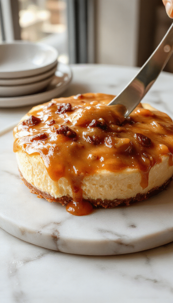 A vibrant slice of loaded butterscotch cheesecake on a white plate, topped with swirls of caramel butterscotch sauce, chopped nuts, and whipped cream. The rich, creamy texture of the cheesecake is visible with golden caramel drizzles and crunchy toppings, styled on a rustic wooden table with a soft blurred background.