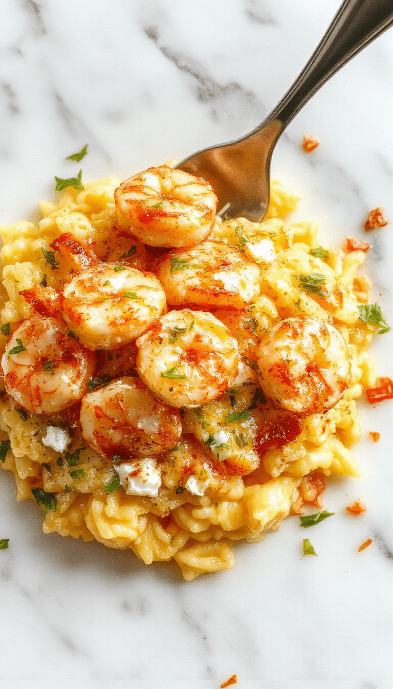 Colorful plated lemon feta shrimp orzo dish showcasing tender shrimp atop a bed of vibrant yellow orzo infused with fresh parsley and crumbled feta cheese, garnished with lemon wedges, set on a rustic wooden table with fresh herbs.