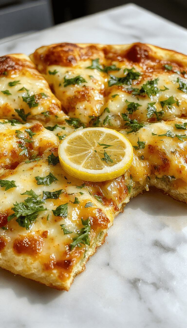 A vibrant lemon pizza topped with fresh green herbs and slices of lemon, arranged on a rustic wooden board. The pizza has a golden, slightly crispy crust, with a bright yellow lemon zest spread, contrasted by green basil and parsley leaves, with a drizzle of olive oil, and a light dusting of cheese, styled for a close-up shot highlighting textures and fresh ingredients.