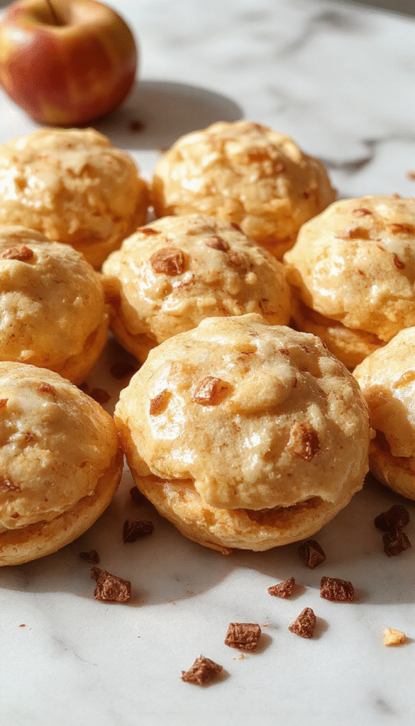 A close-up of two luscious apple cider whoopie pies stacked on a rustic wooden plate, drizzled with caramel glaze, with cinnamon sprinkled on top, surrounded by fresh apple slices and cinnamon sticks, all styled with warm autumn tones and soft lighting