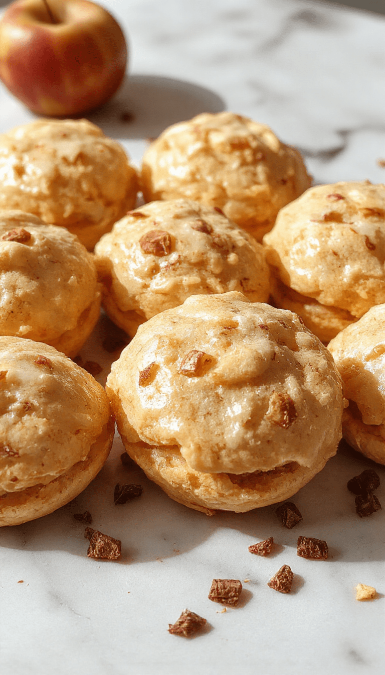 A close-up of two luscious apple cider whoopie pies stacked on a rustic wooden plate, drizzled with caramel glaze, with cinnamon sprinkled on top, surrounded by fresh apple slices and cinnamon sticks, all styled with warm autumn tones and soft lighting