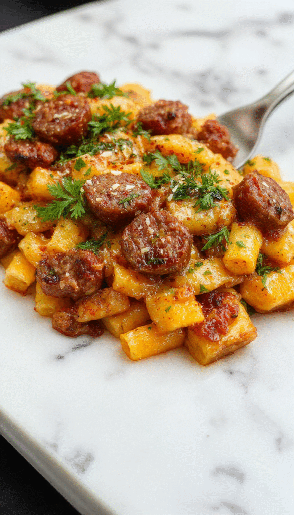 A vibrant plate of autumn sausage pasta squash featuring golden roasted squash filled with savory sausage and al dente pasta, garnished with fresh herbs and sprinkled with cheese, set on a rustic wooden table with seasonal decorations in the background.