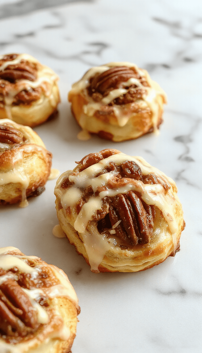 Golden-brown buttery crescent rolls filled with chopped pecans and drizzled with caramel sauce, styled on a rustic wooden board with whole pecans scattered around, highlighting their flaky texture and rich, inviting appearance.