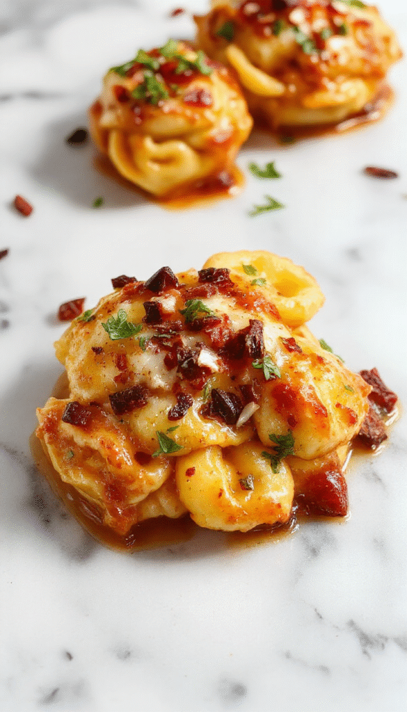A vibrant plate of tortellini pasta garnished with fresh basil and grated cheese, served in a creamy sauce on a rustic white dish with a wooden background, showcasing glossy golden pasta with textured filling and aromatic herbs.