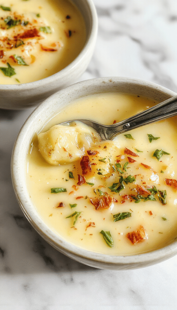 A steaming bowl of rich cheddar garlic herb potato soup garnished with fresh herbs and melted cheese, served in a rustic white bowl on a wooden table with crusty bread and a sprig of herbs beside it, showcasing creamy texture and vibrant green herbs.