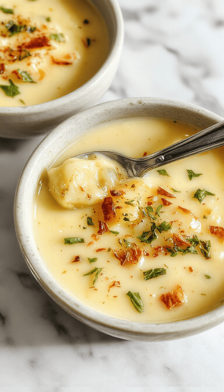A steaming bowl of rich cheddar garlic herb potato soup garnished with fresh herbs and melted cheese, served in a rustic white bowl on a wooden table with crusty bread and a sprig of herbs beside it, showcasing creamy texture and vibrant green herbs.