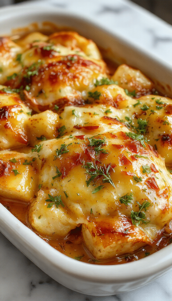 A golden baked potato casserole topped with melted cheese and caramelized onions, garnished with fresh herbs on a rustic white plate with a wooden background, capturing a warm and inviting holiday presentation.