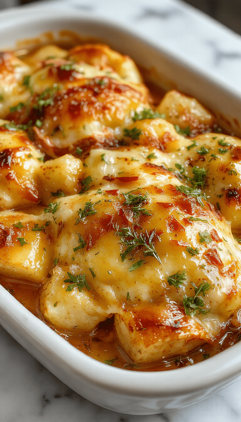 A golden baked potato casserole topped with melted cheese and caramelized onions, garnished with fresh herbs on a rustic white plate with a wooden background, capturing a warm and inviting holiday presentation.