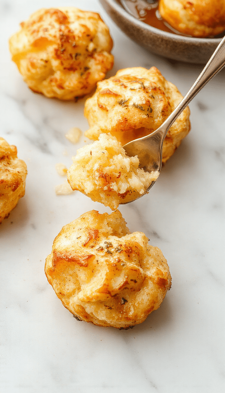 Golden brown cheesy mashed potato puffs arranged on a white plate, garnished with fresh herbs. The puffs have a crispy exterior with melting cheese visible inside, served alongside a colorful salad and dipping sauce. The vibrant colors and textures highlight the cheesy, fluffy, and crunchy elements of this savory appetizer.