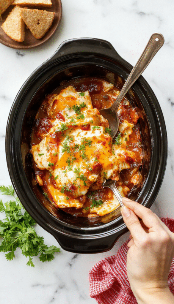 A hearty chicken enchilada casserole served in a rustic ceramic dish, topped with melted cheese, vibrant red enchilada sauce, fresh cilantro, and sliced jalapenos, with a spoon resting beside it on a wooden table