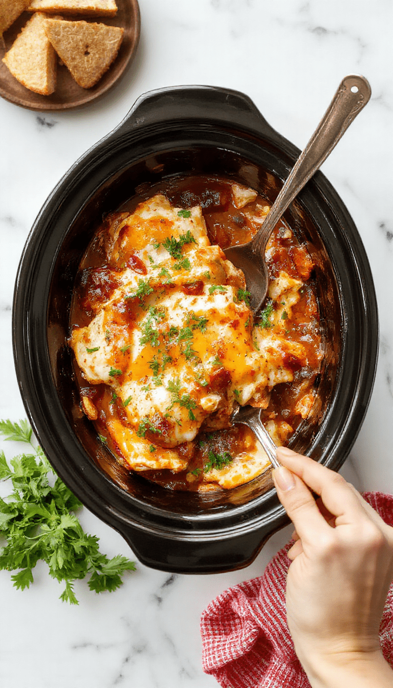 A hearty chicken enchilada casserole served in a rustic ceramic dish, topped with melted cheese, vibrant red enchilada sauce, fresh cilantro, and sliced jalapenos, with a spoon resting beside it on a wooden table