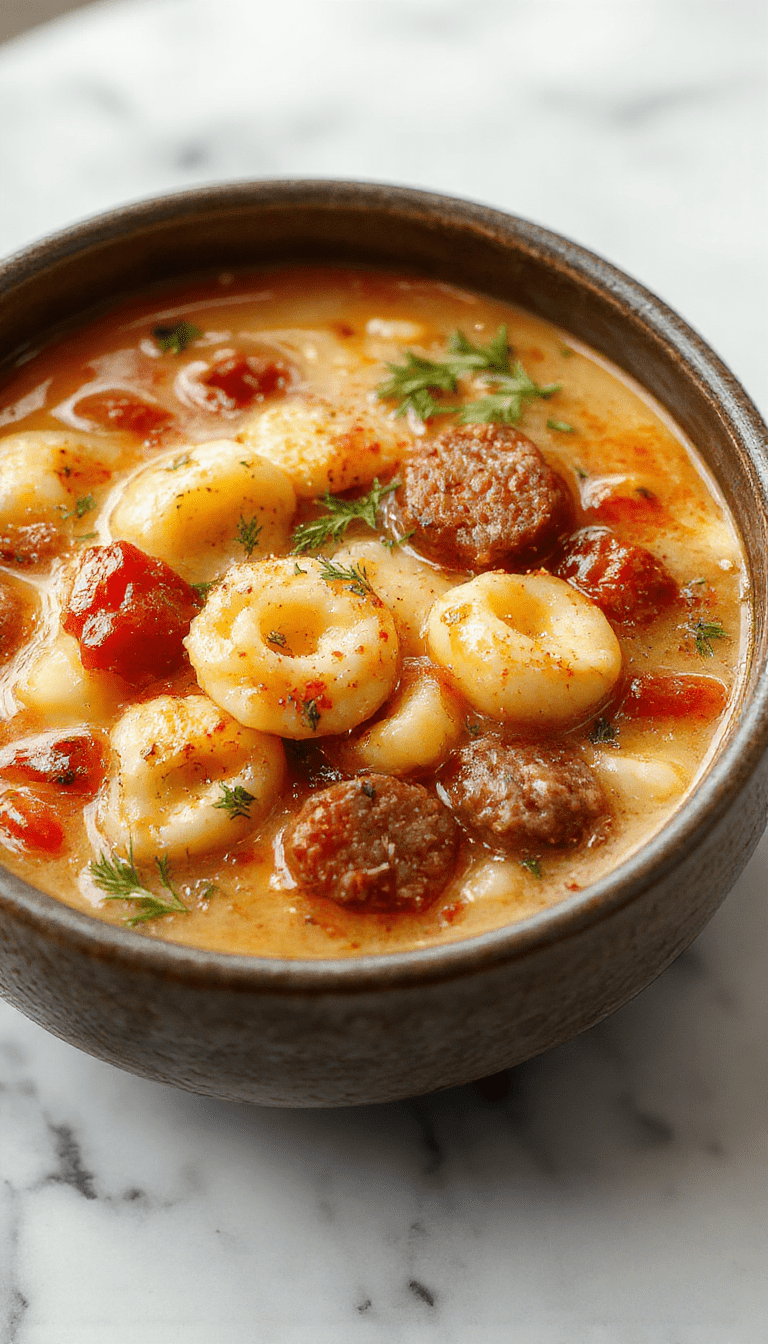 A warm bowl of autumn tortellini soup with sausage topped with fresh herbs, vibrant orange and green vegetables, and melting cheese, served in a rustic white bowl with a cozy fall background.