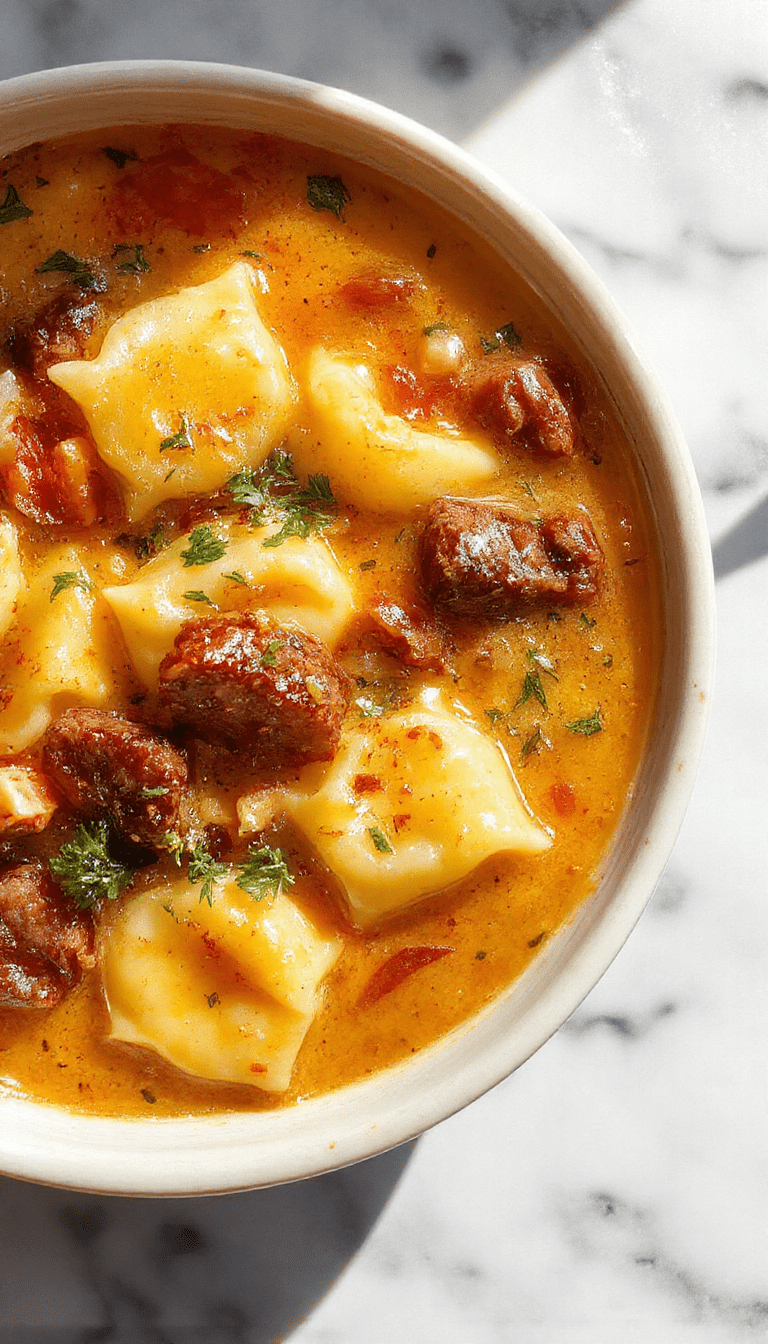 A vibrant bowl of autumn tortellini soup featuring plump tortellini pasta, slices of cooked sausage, fresh herbs, and a rich broth with warm orange and green accents, styled on a rustic wooden table with fall leaves in the background