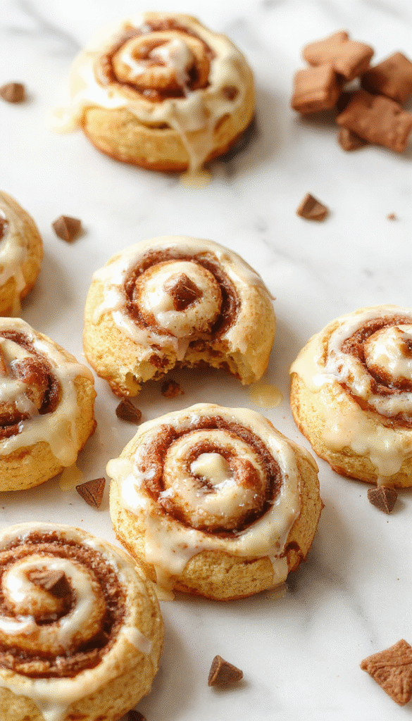 A close-up of golden-brown cinnamon roll cookies arranged on a white plate. The cookies have swirls of cinnamon and sugar visible, with a slightly crispy top and soft, chewy texture. A sprinkle of cinnamon dusts the surface, and a rustic wooden background adds warmth. Fresh cookies are styled with crumbs scattered around to evoke a cozy, inviting atmosphere.