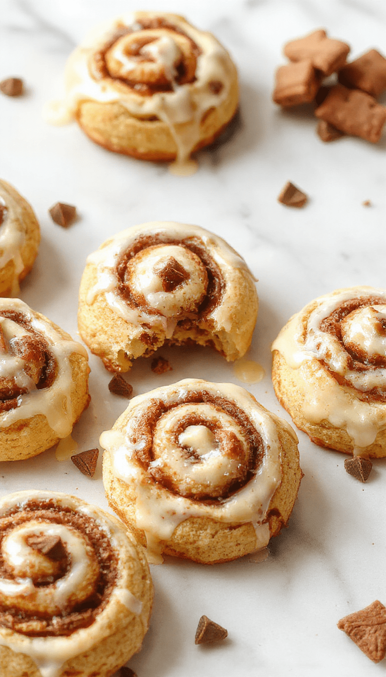A close-up of golden-brown cinnamon roll cookies arranged on a white plate. The cookies have swirls of cinnamon and sugar visible, with a slightly crispy top and soft, chewy texture. A sprinkle of cinnamon dusts the surface, and a rustic wooden background adds warmth. Fresh cookies are styled with crumbs scattered around to evoke a cozy, inviting atmosphere.