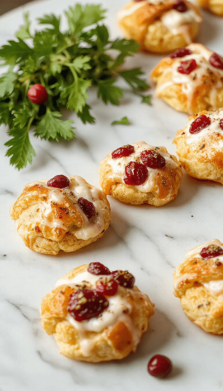 A close-up of golden-brown crescent roll triangles filled with vibrant red cranberry and smooth cream cheese, arranged on a white platter garnished with fresh cranberries and mint leaves, showcasing a flaky, textured surface and colorful filling.
