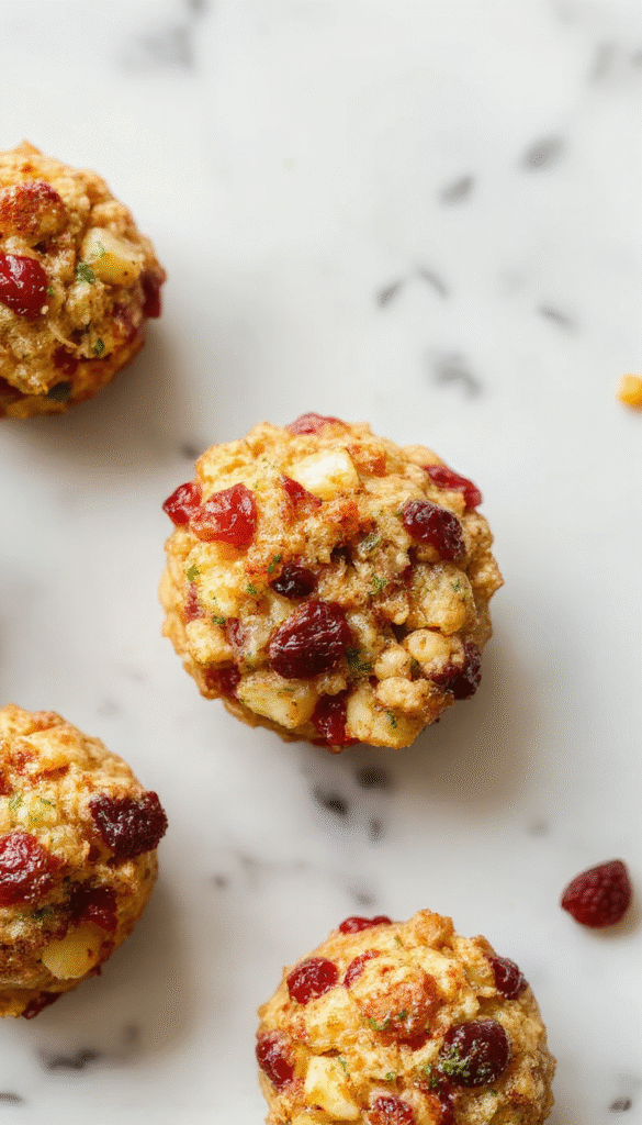 Close-up of golden-brown stuffing balls studded with bright red cranberries, arranged on a rustic white plate, with hints of fresh herbs and a festive holiday table setting in soft focus.