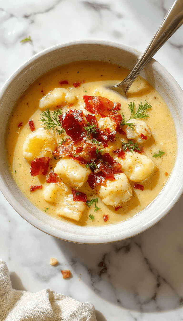 A steaming bowl of creamy bacon cheddar gnocchi soup showcasing golden-brown crispy bacon, tender gnocchi submerged in a rich cheesy broth, garnished with chopped fresh herbs, and served in a rustic white bowl on a wooden table with a spoon beside it, highlighting textures and warm inviting colors.