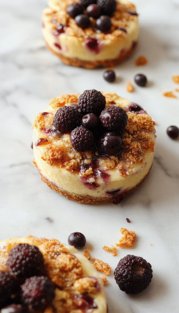 A close-up of a slice of blueberry crumble cheesecake on a white plate, garnished with fresh blueberries and a sprig of mint, showcasing the creamy texture of the cheesecake contrasted with a golden crumble topping, all set on a rustic wooden table with a fork and a dusting of powdered sugar.
