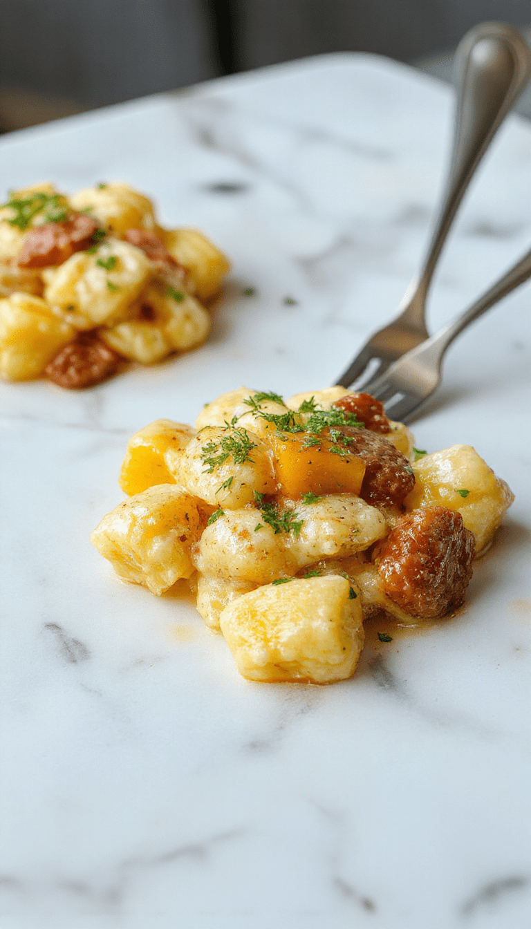 A close-up of golden-brown gnocchi coated in a creamy butternut squash sauce, garnished with crispy sausage slices and fresh herbs, styled on a rustic white plate with a vibrant orange hue from the squash sauce.