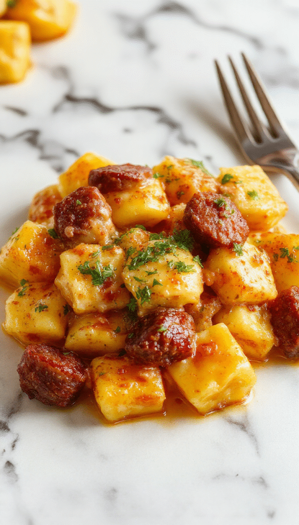 A close-up of golden-brown gnocchi coated in a creamy orange butternut squash sauce, garnished with crispy sausage slices, fresh herbs, and a sprinkle of Parmesan on a rustic white plate with a wooden background.