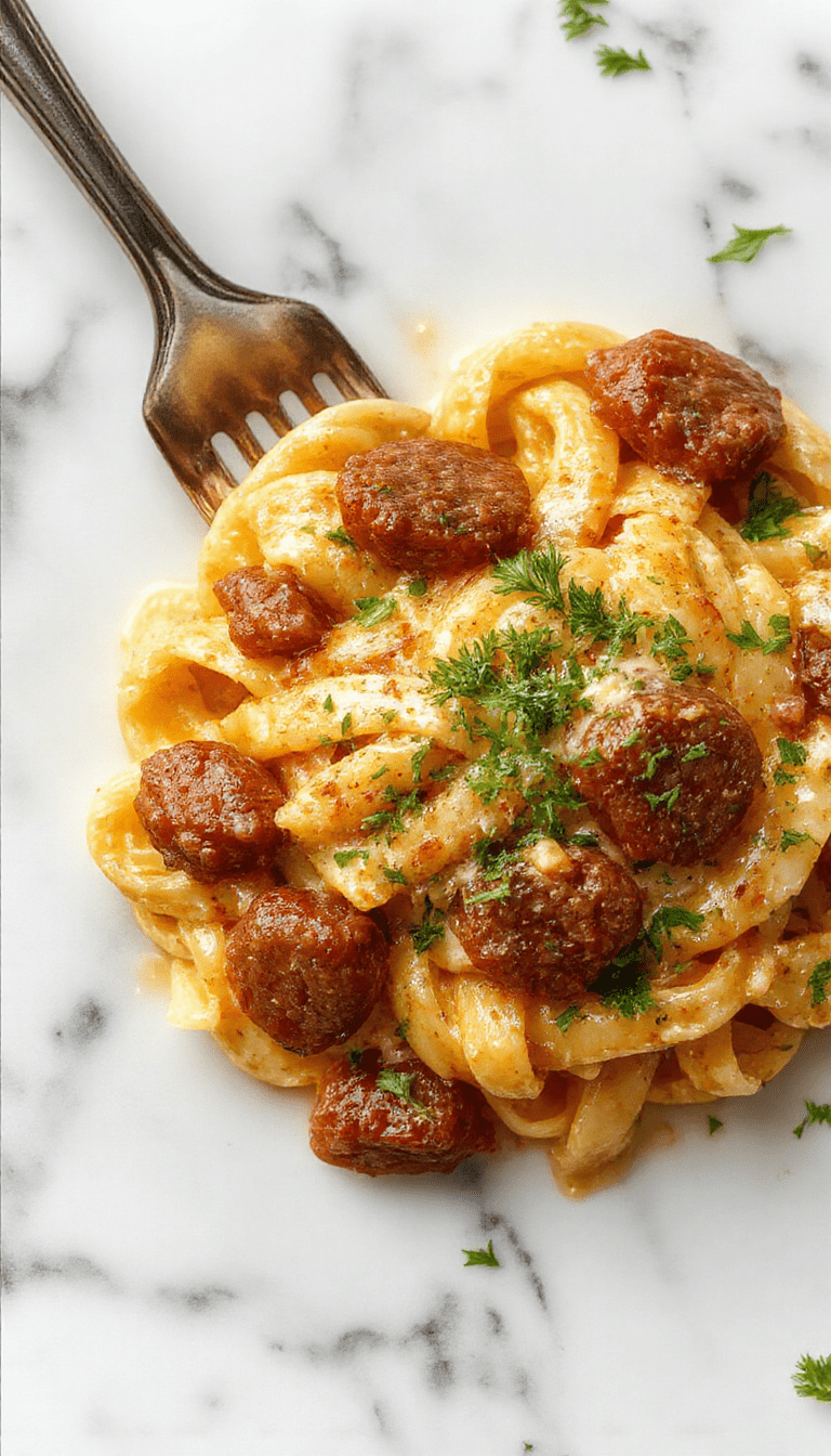 A vibrant plate of creamy Cajun sausage pasta showcasing slices of smoky sausage mixed with al dente fettuccine coated in a rich, spicy Cajun sauce. The dish is garnished with chopped green onions and red bell peppers, with a sprinkle of fresh herbs. The backdrop includes a rustic wooden table with a serving spoon, highlighting the bold colors and textures of the dish.