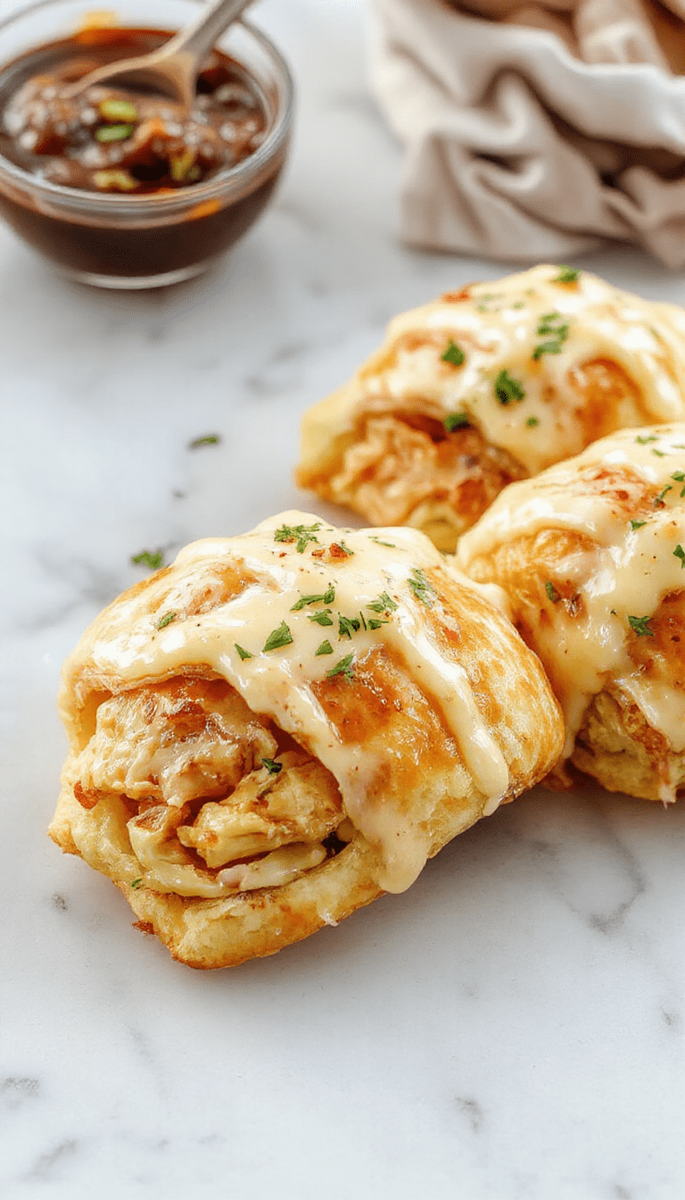 Golden-brown crescent rolls filled with creamy, melted cheese and tender shredded chicken, garnished with fresh herbs, arranged on a white plate with a rustic backdrop